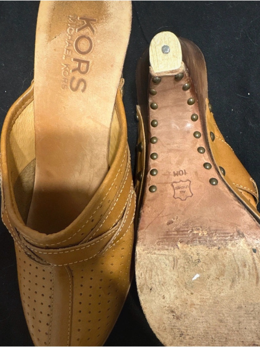 MICHAEL KORS Tan Leather Studded Clog Mules